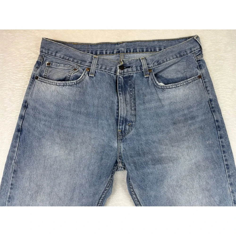Levis 505 Mens 36x34 Jeans Light Blue Wash Denim Grungy HighLow Fade ripped Hem
